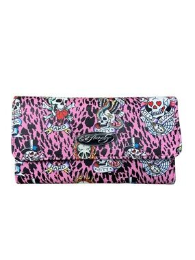 Ed Hardy pink black vegan leather wallet multiple compartments skull NWT